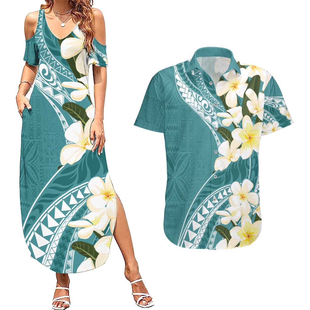 Aloha Hawaii Festive Couples Matching Summer Maxi Dress and Hawaiian Shirt Frangipani Lace Classic - Teal