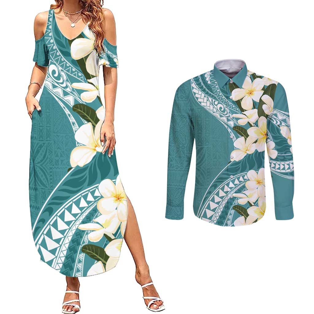 Aloha Hawaii Festive Couples Matching Summer Maxi Dress and Long Sleeve Button Shirt Frangipani Lace Classic - Teal
