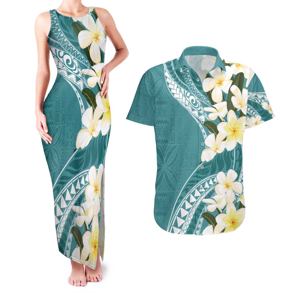Aloha Hawaii Festive Couples Matching Tank Maxi Dress and Hawaiian Shirt Frangipani Lace Classic - Teal