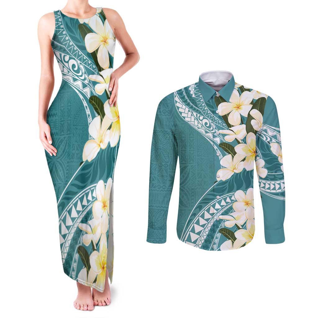 Aloha Hawaii Festive Couples Matching Tank Maxi Dress and Long Sleeve Button Shirt Frangipani Lace Classic - Teal