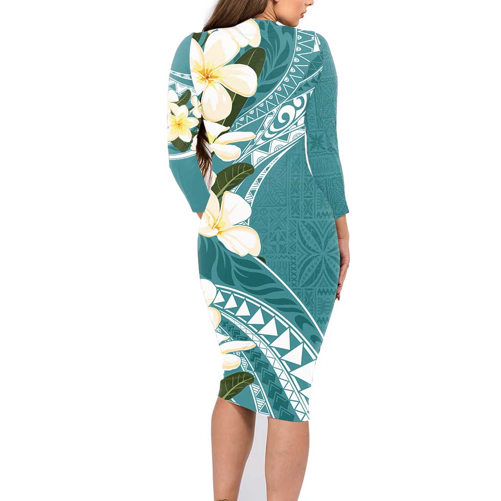 Aloha Hawaii Festive Family Matching Long Sleeve Bodycon Dress and Hawaiian Shirt Frangipani Lace Classic - Teal LT7 - Polynesian Pride