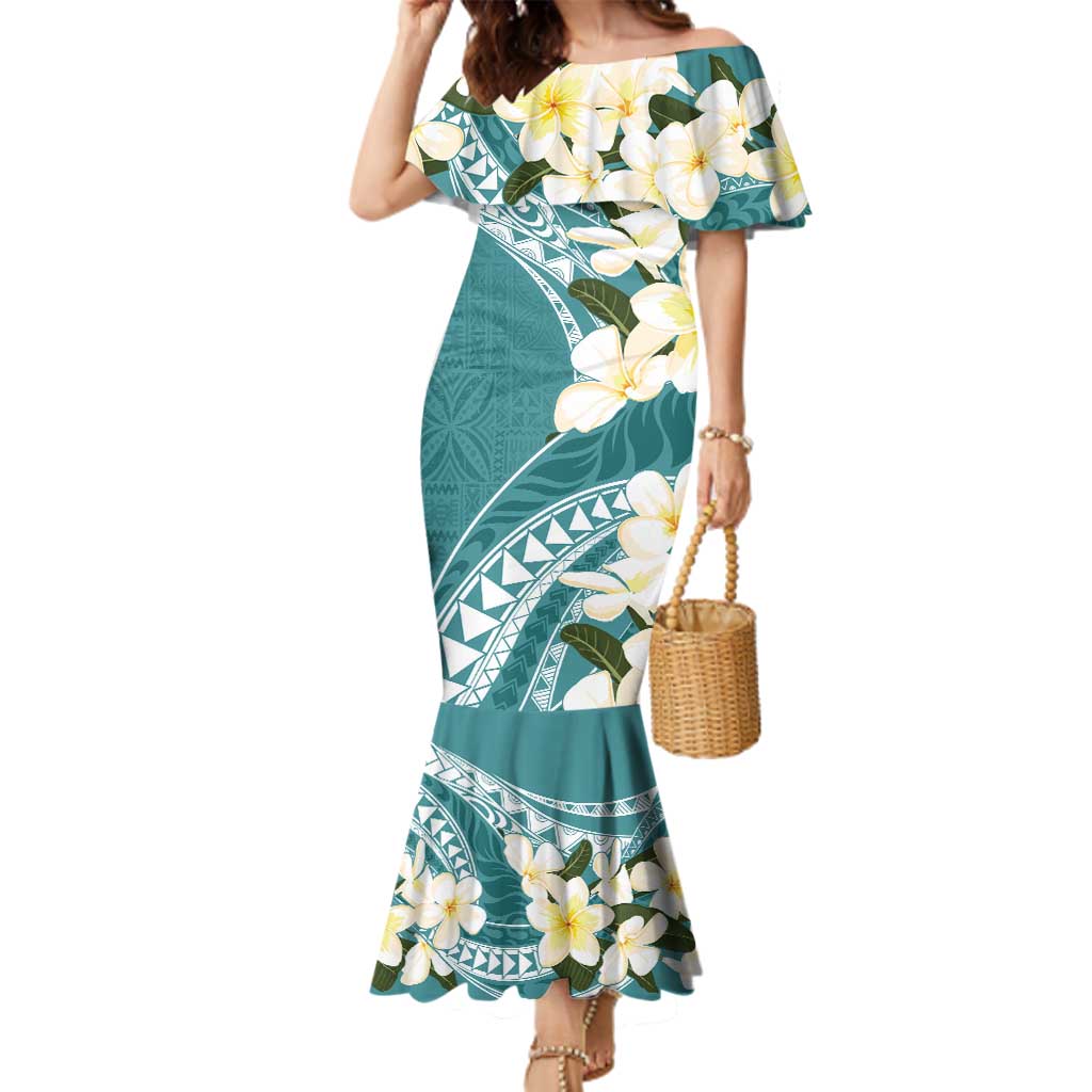Aloha Hawaii Festive Family Matching Mermaid Dress and Hawaiian Shirt Frangipani Lace Classic - Teal LT7 Mom's Dress Teal - Polynesian Pride