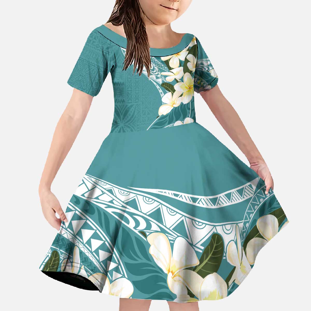 Aloha Hawaii Festive Family Matching Off The Shoulder Long Sleeve Dress and Hawaiian Shirt Frangipani Lace Classic - Teal LT7 Daughter's Dress Teal - Polynesian Pride