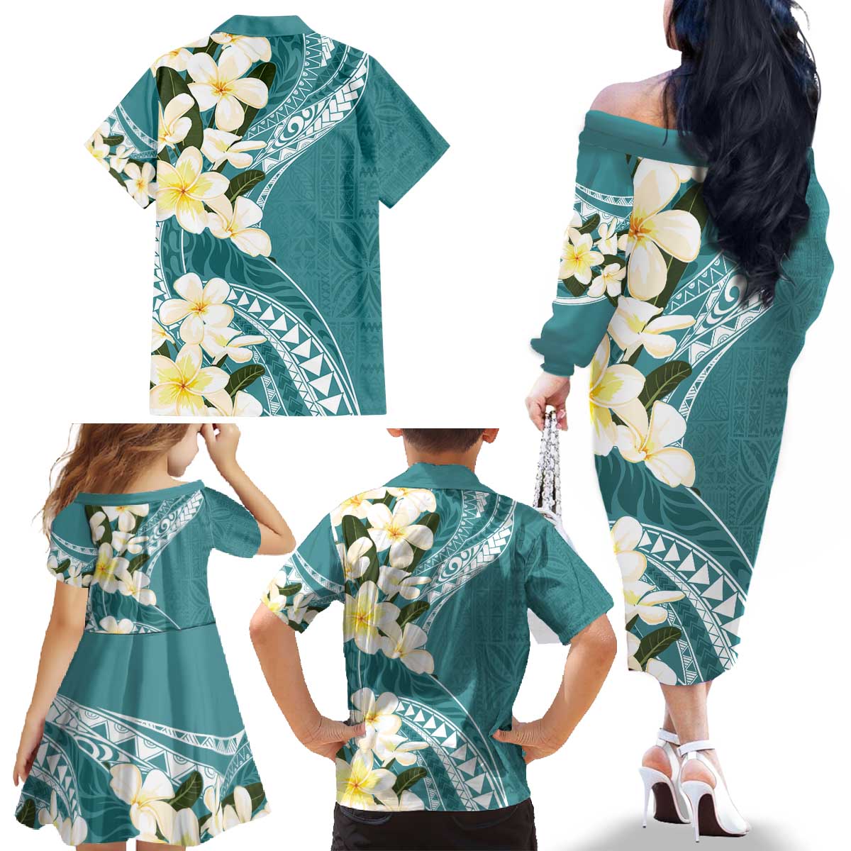 Aloha Hawaii Festive Family Matching Off The Shoulder Long Sleeve Dress and Hawaiian Shirt Frangipani Lace Classic - Teal LT7 - Polynesian Pride