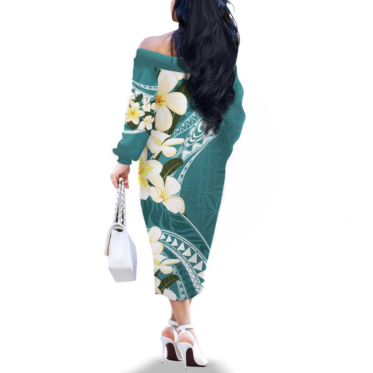 Aloha Hawaii Festive Family Matching Off The Shoulder Long Sleeve Dress and Hawaiian Shirt Frangipani Lace Classic - Teal LT7 - Polynesian Pride