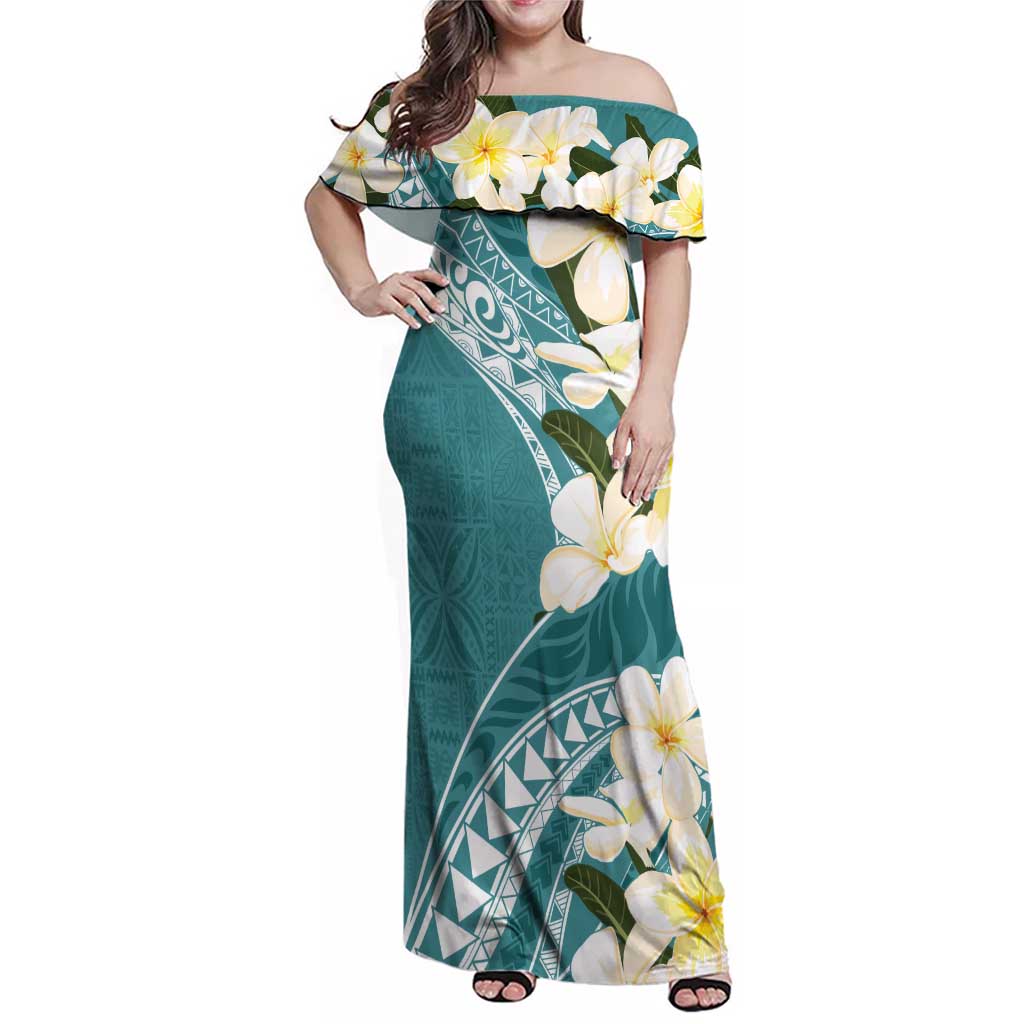 Aloha Hawaii Festive Family Matching Off Shoulder Maxi Dress and Hawaiian Shirt Frangipani Lace Classic - Teal LT7 Mom's Dress Teal - Polynesian Pride