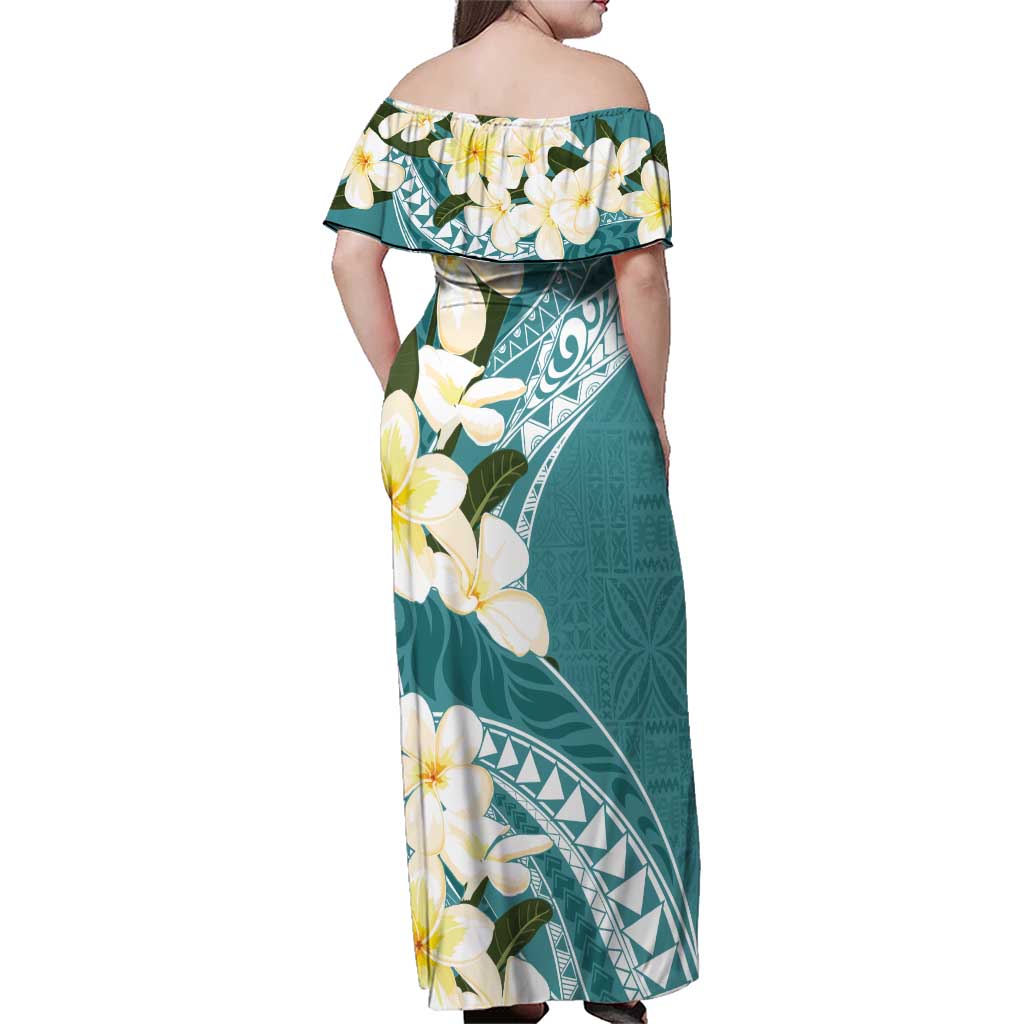 Aloha Hawaii Festive Family Matching Off Shoulder Maxi Dress and Hawaiian Shirt Frangipani Lace Classic - Teal LT7 - Polynesian Pride