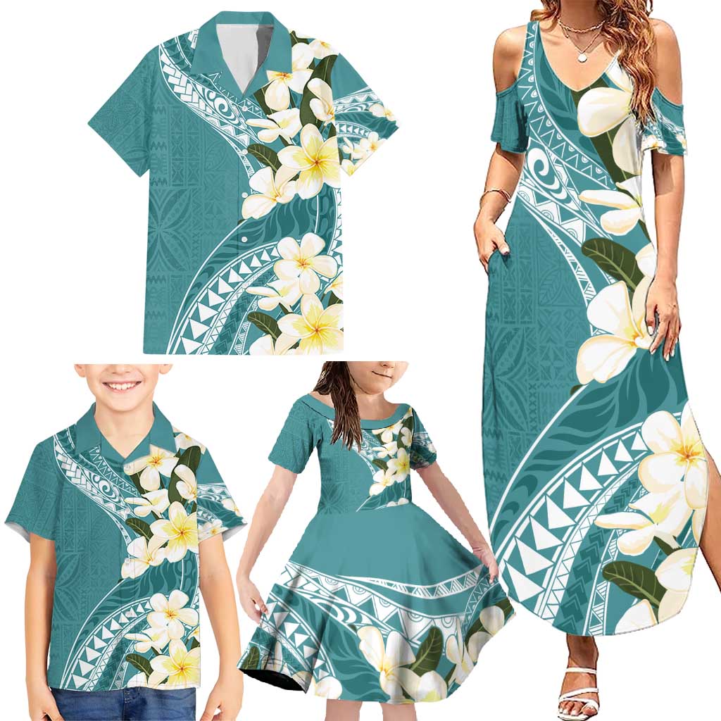 Aloha Hawaii Festive Family Matching Summer Maxi Dress and Hawaiian Shirt Frangipani Lace Classic - Teal LT7 - Polynesian Pride