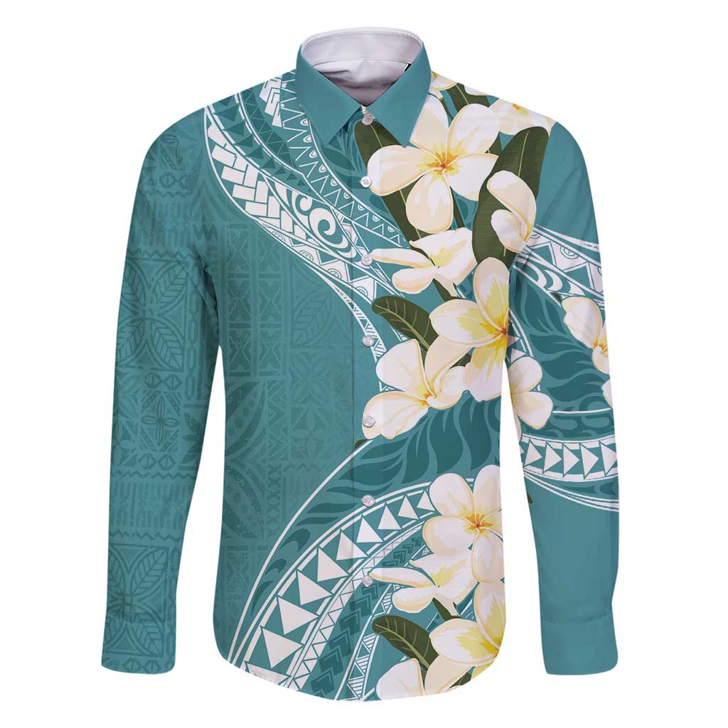 Aloha Hawaii Festive Family Matching Summer Maxi Dress and Hawaiian Shirt Frangipani Lace Classic - Teal LT7 Dad's Shirt - Long Sleeve Teal - Polynesian Pride