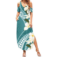 Aloha Hawaii Festive Family Matching Summer Maxi Dress and Hawaiian Shirt Frangipani Lace Classic - Teal LT7 Mom's Dress Teal - Polynesian Pride