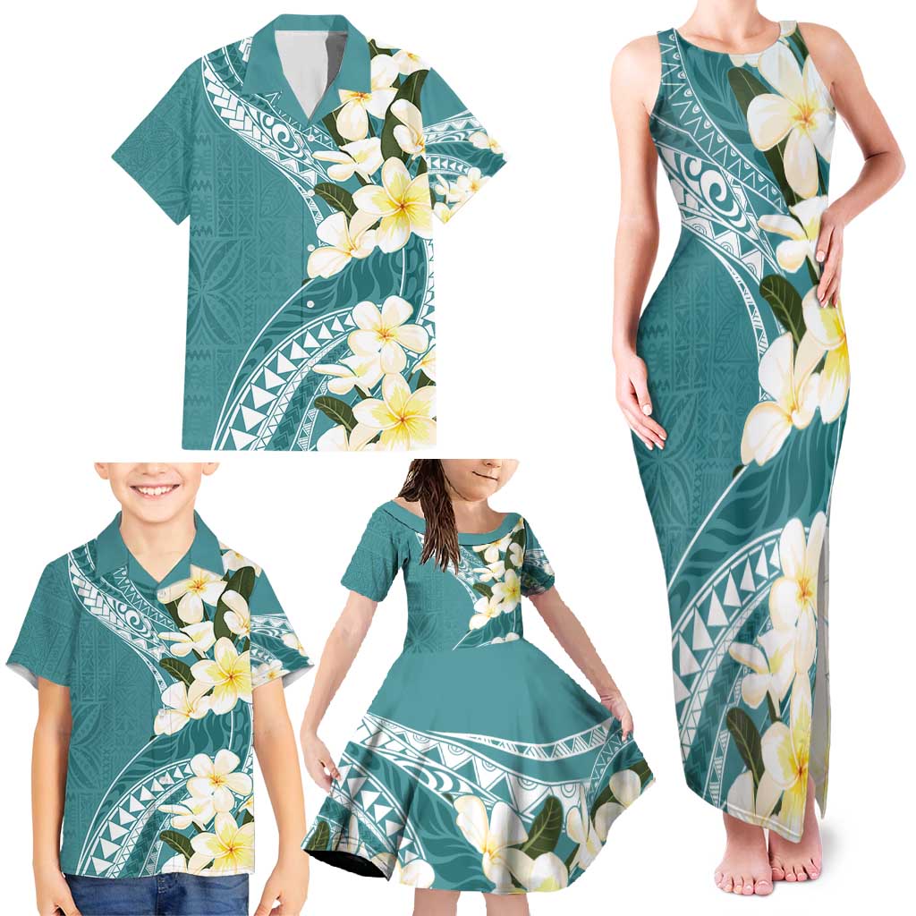 Aloha Hawaii Festive Family Matching Tank Maxi Dress and Hawaiian Shirt Frangipani Lace Classic - Teal LT7 - Polynesian Pride