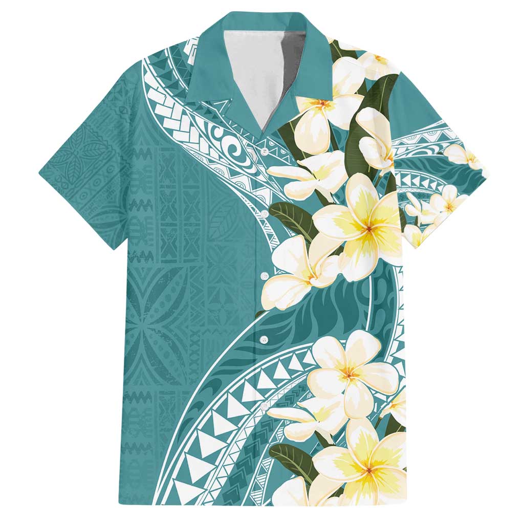 Aloha Hawaii Festive Family Matching Tank Maxi Dress and Hawaiian Shirt Frangipani Lace Classic - Teal LT7 Dad's Shirt - Short Sleeve Teal - Polynesian Pride