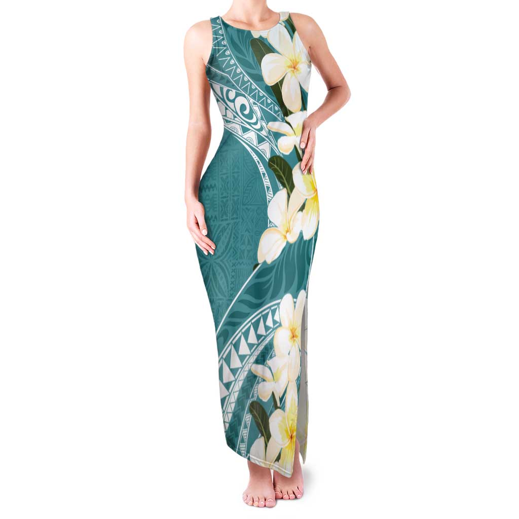 Aloha Hawaii Festive Family Matching Tank Maxi Dress and Hawaiian Shirt Frangipani Lace Classic - Teal LT7 Mom's Dress Teal - Polynesian Pride
