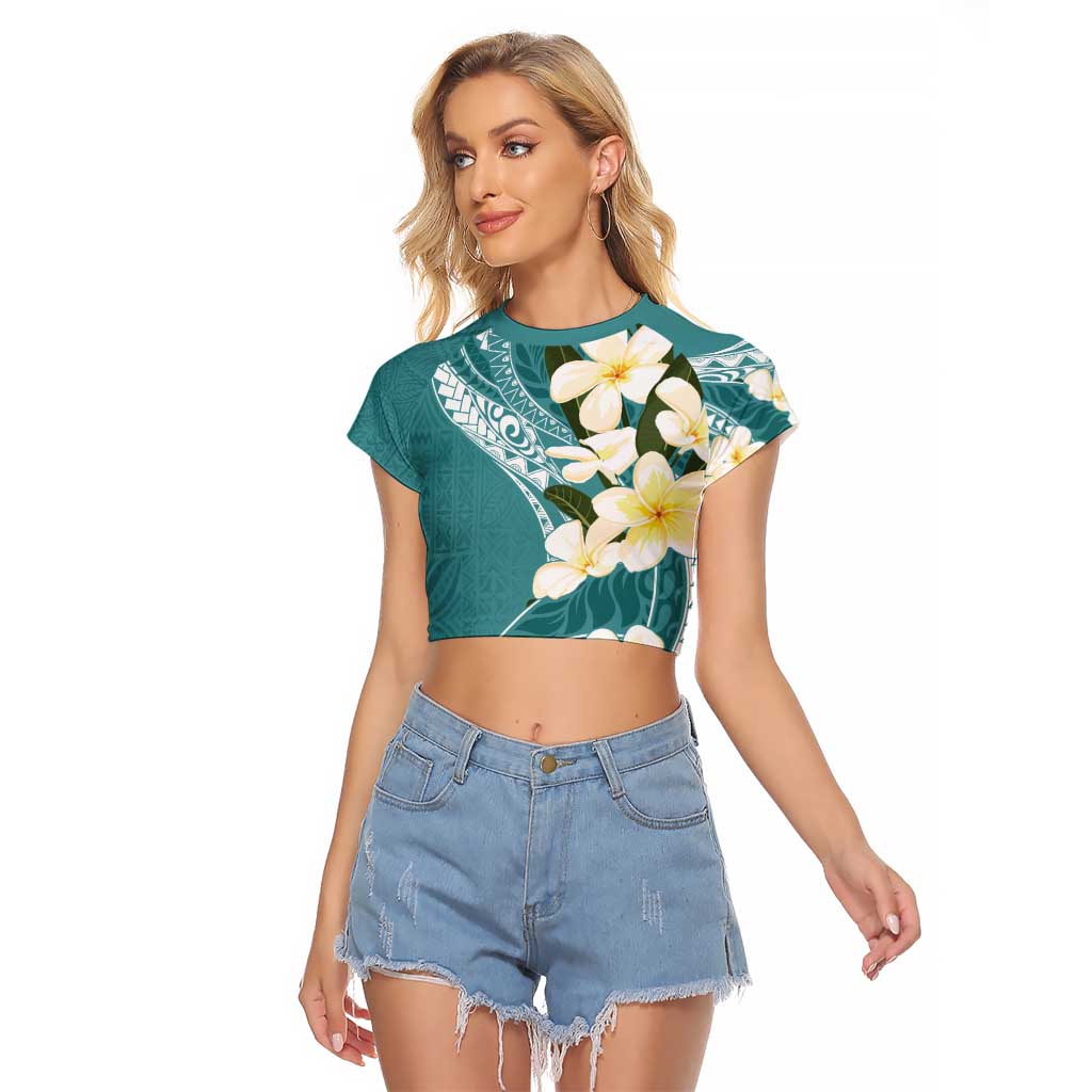 Aloha Hawaii Festive Raglan Cropped T Shirt Frangipani Lace Classic - Teal