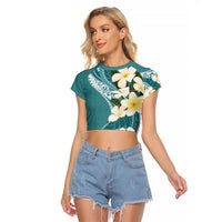 Aloha Hawaii Festive Raglan Cropped T Shirt Frangipani Lace Classic - Teal