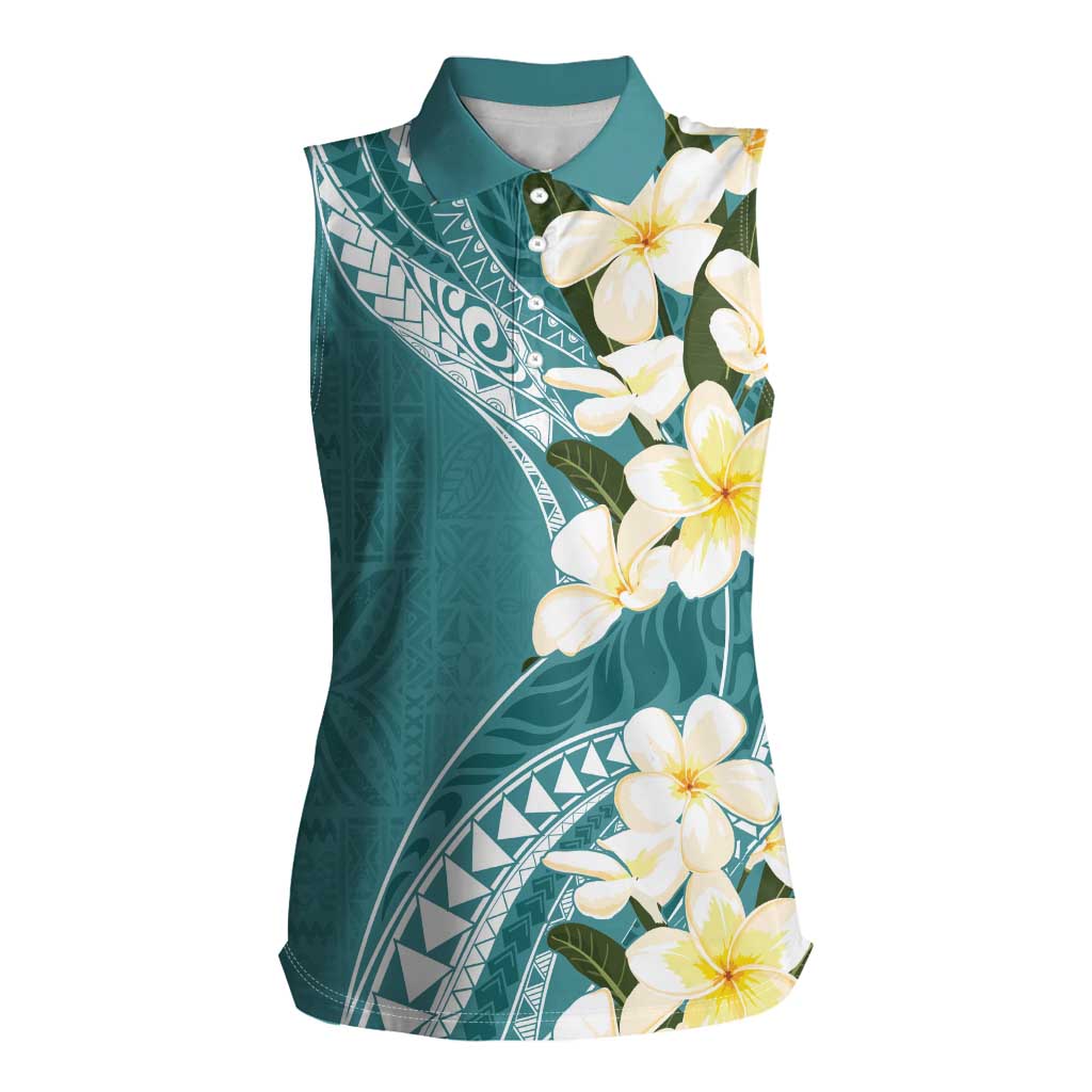 Aloha Hawaii Festive Women Sleeveless Polo Shirt Frangipani Lace Classic - Teal