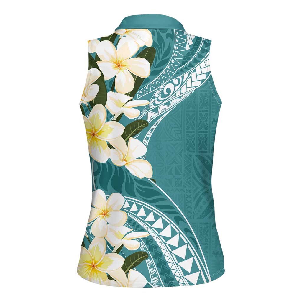 Aloha Hawaii Festive Women Sleeveless Polo Shirt Frangipani Lace Classic - Teal