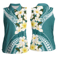 Aloha Hawaii Festive Women Sleeveless Polo Shirt Frangipani Lace Classic - Teal