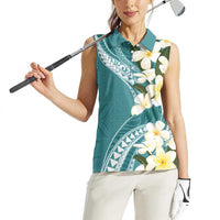 Aloha Hawaii Festive Women Sleeveless Polo Shirt Frangipani Lace Classic - Teal