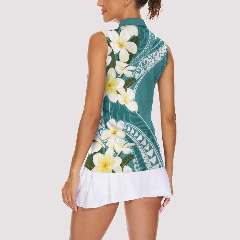 Aloha Hawaii Festive Women Sleeveless Polo Shirt Frangipani Lace Classic - Teal