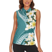 Aloha Hawaii Festive Women Sleeveless Polo Shirt Frangipani Lace Classic - Teal