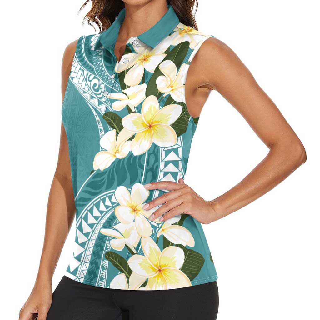 Aloha Hawaii Festive Women Sleeveless Polo Shirt Frangipani Lace Classic - Teal