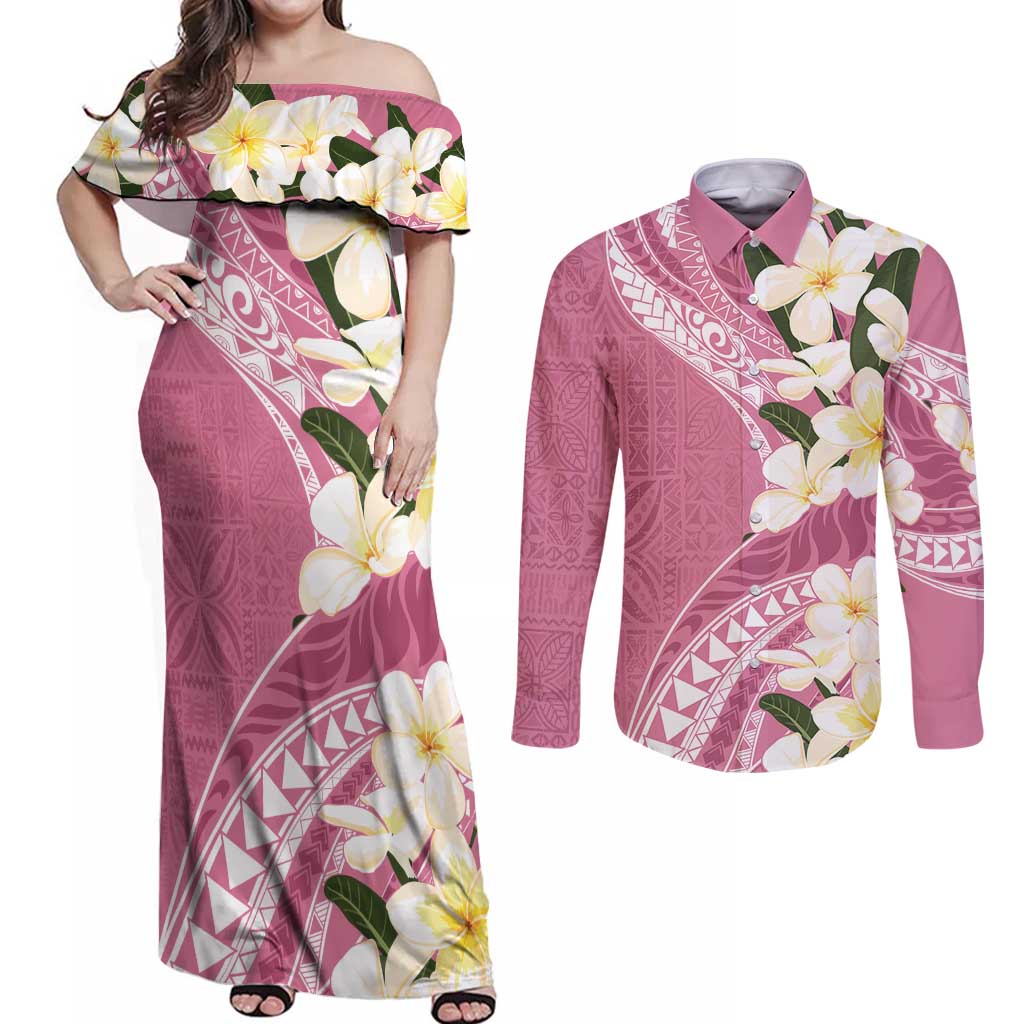 Aloha Hawaii Festive Couples Matching Off Shoulder Maxi Dress and Long Sleeve Button Shirt Frangipani Lace Classic - Rosy
