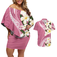 Aloha Hawaii Festive Couples Matching Off Shoulder Short Dress and Hawaiian Shirt Frangipani Lace Classic - Rosy