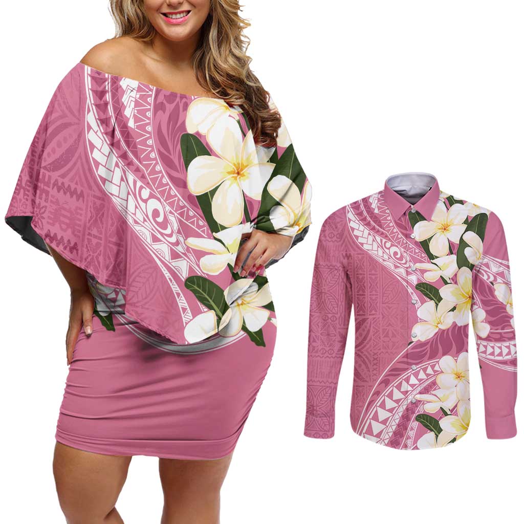 Aloha Hawaii Festive Couples Matching Off Shoulder Short Dress and Long Sleeve Button Shirt Frangipani Lace Classic - Rosy