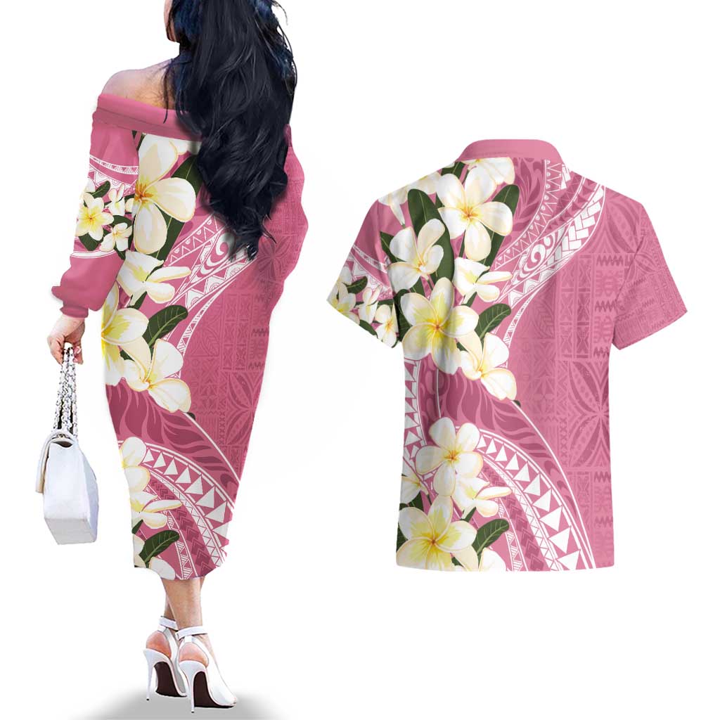 Aloha Hawaii Festive Couples Matching Off The Shoulder Long Sleeve Dress and Hawaiian Shirt Frangipani Lace Classic - Rosy LT7 - Polynesian Pride