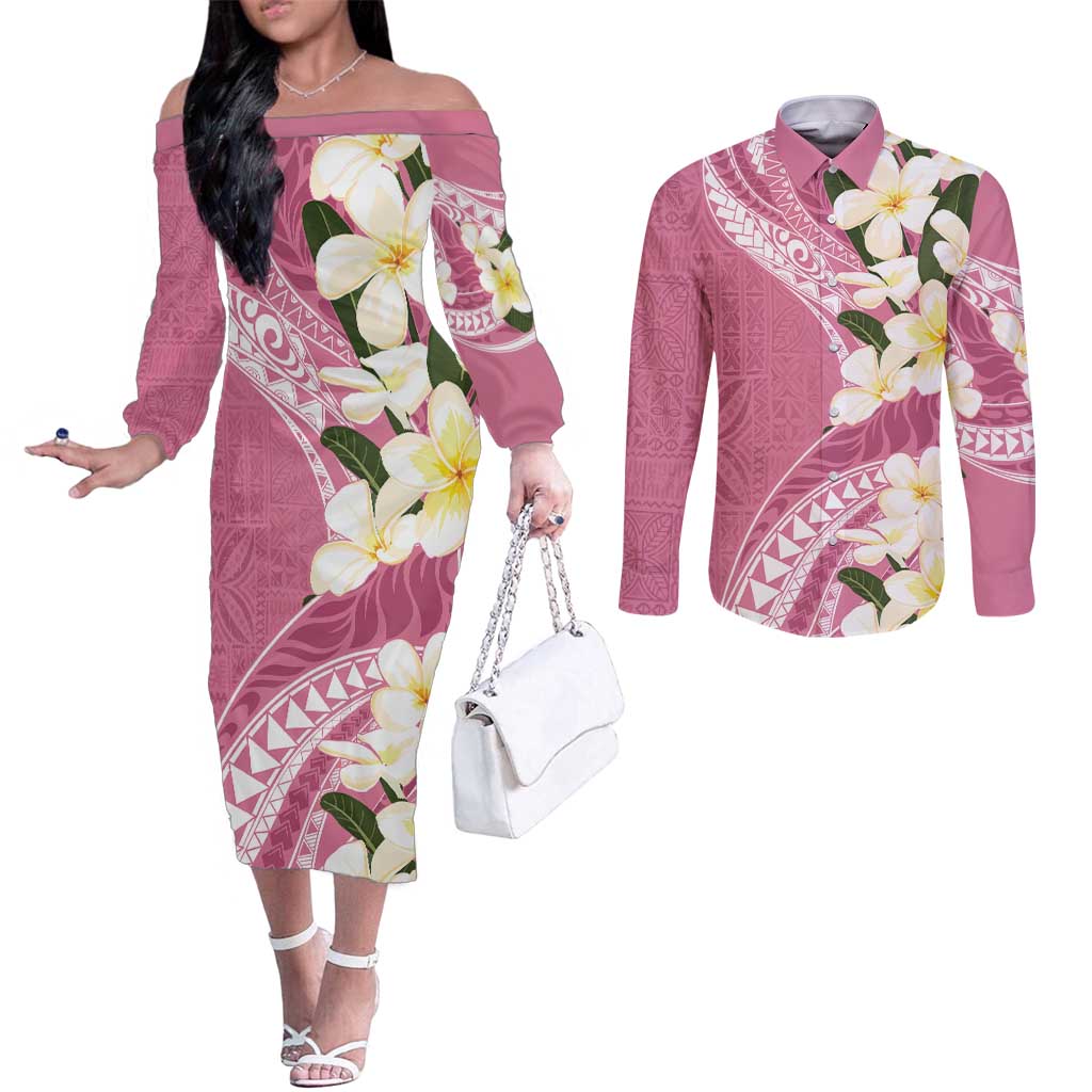 Aloha Hawaii Festive Couples Matching Off The Shoulder Long Sleeve Dress and Long Sleeve Button Shirt Frangipani Lace Classic - Rosy
