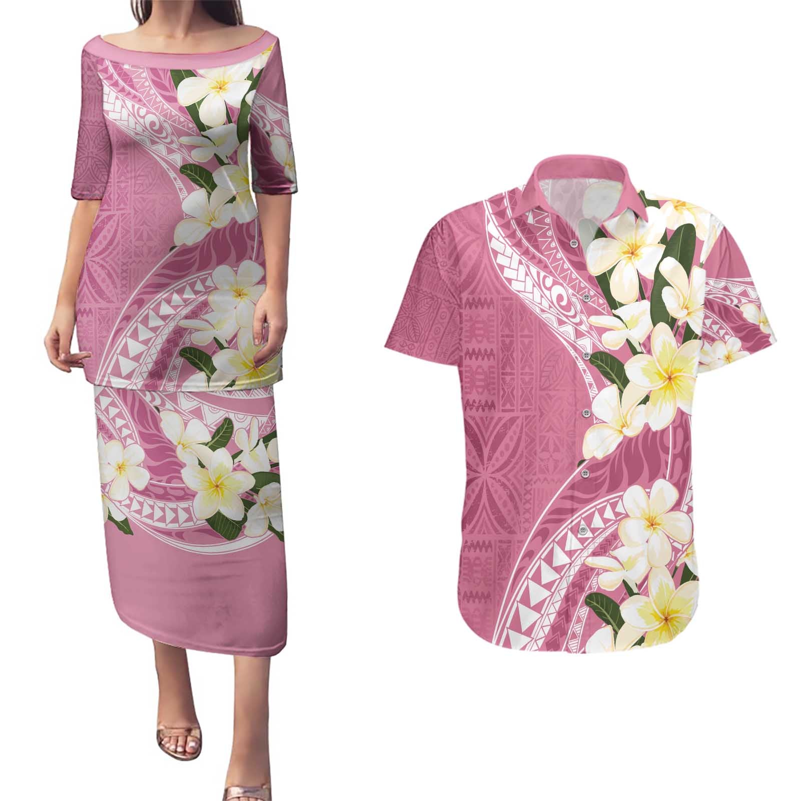 Aloha Hawaii Festive Couples Matching Puletasi and Hawaiian Shirt Frangipani Lace Classic - Rosy