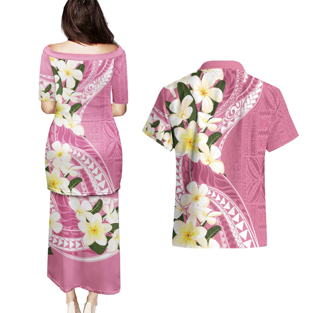 Aloha Hawaii Festive Couples Matching Puletasi and Hawaiian Shirt Frangipani Lace Classic - Rosy