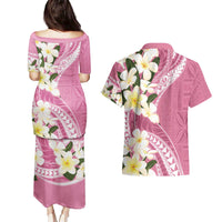 Aloha Hawaii Festive Couples Matching Puletasi and Hawaiian Shirt Frangipani Lace Classic - Rosy