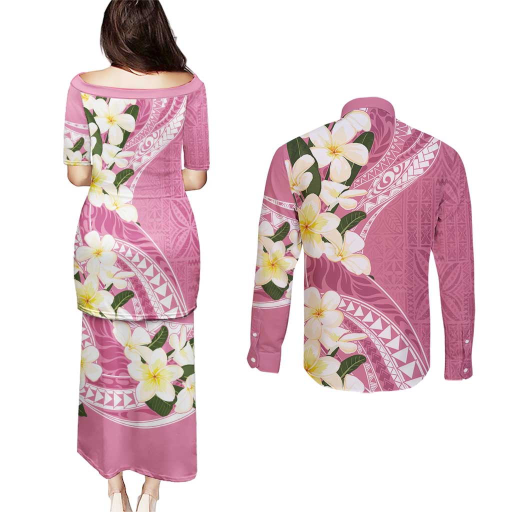 Aloha Hawaii Festive Couples Matching Puletasi and Long Sleeve Button Shirt Frangipani Lace Classic - Rosy