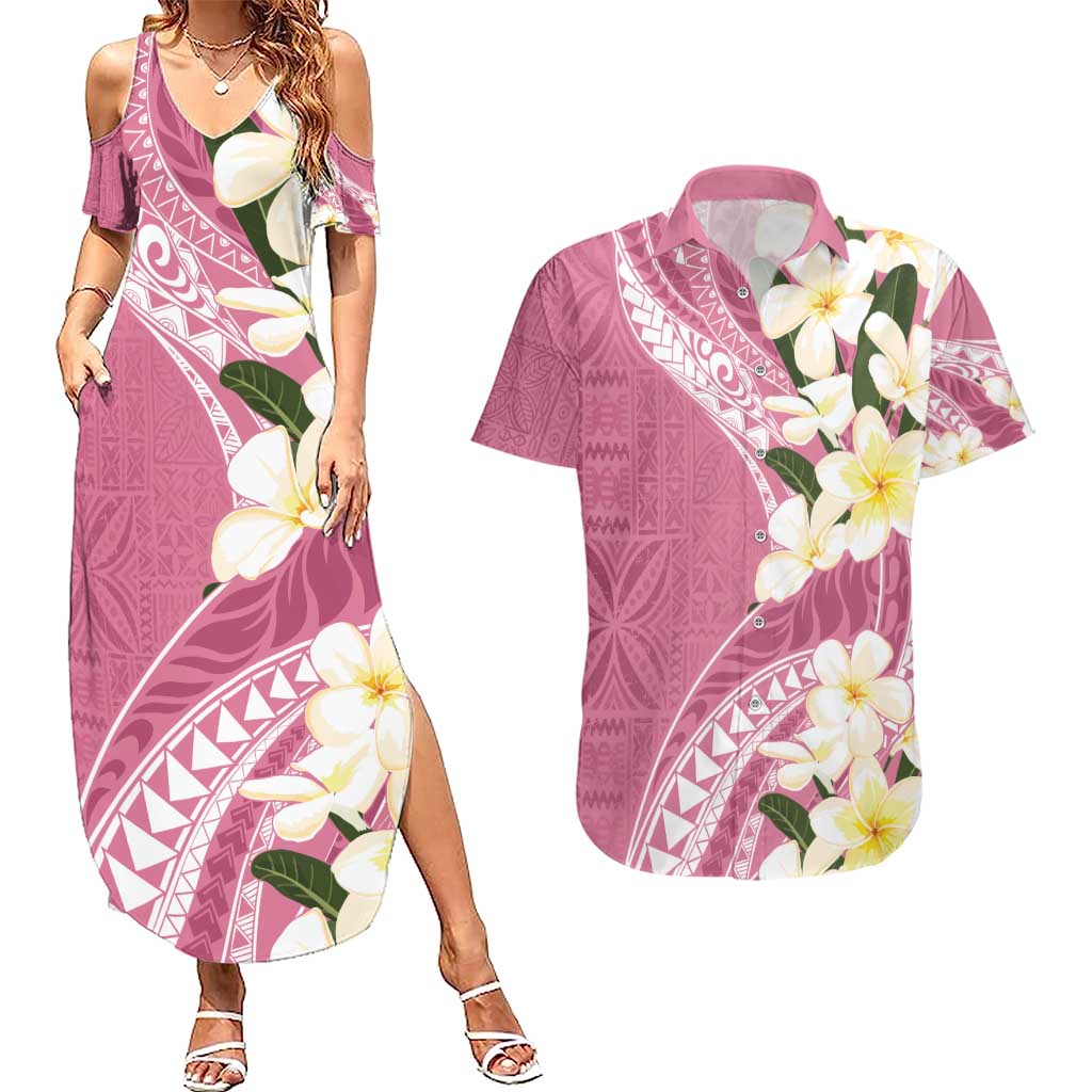 Aloha Hawaii Festive Couples Matching Summer Maxi Dress and Hawaiian Shirt Frangipani Lace Classic - Rosy