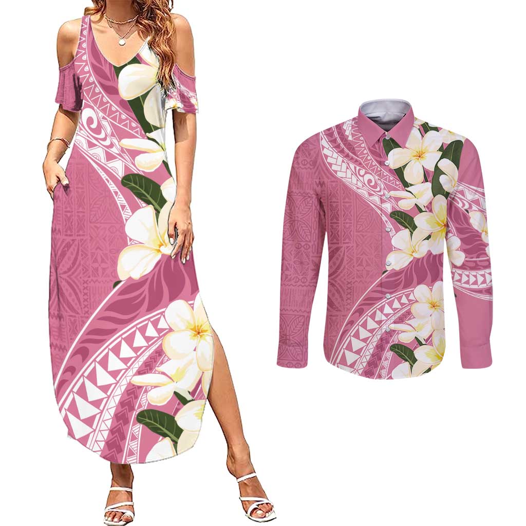Aloha Hawaii Festive Couples Matching Summer Maxi Dress and Long Sleeve Button Shirt Frangipani Lace Classic - Rosy