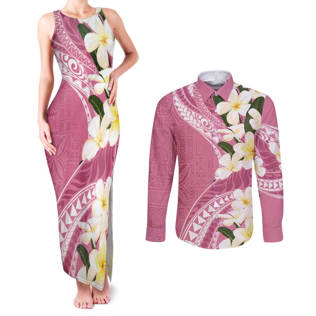Aloha Hawaii Festive Couples Matching Tank Maxi Dress and Long Sleeve Button Shirt Frangipani Lace Classic - Rosy