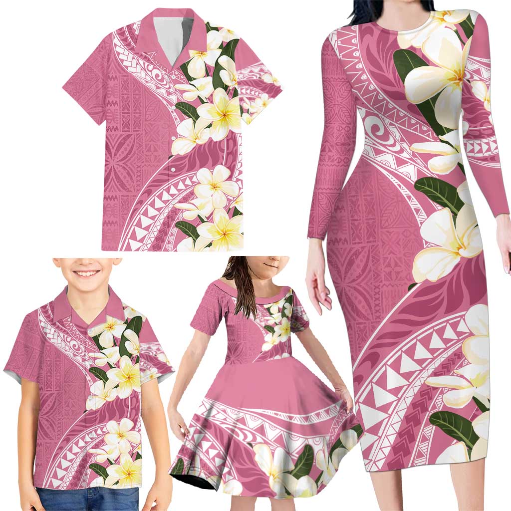 Aloha Hawaii Festive Family Matching Long Sleeve Bodycon Dress and Hawaiian Shirt Frangipani Lace Classic - Rosy LT7 - Polynesian Pride