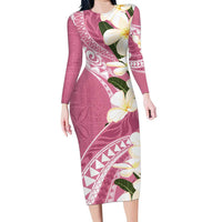 Aloha Hawaii Festive Family Matching Long Sleeve Bodycon Dress and Hawaiian Shirt Frangipani Lace Classic - Rosy LT7 Mom's Dress Pink - Polynesian Pride