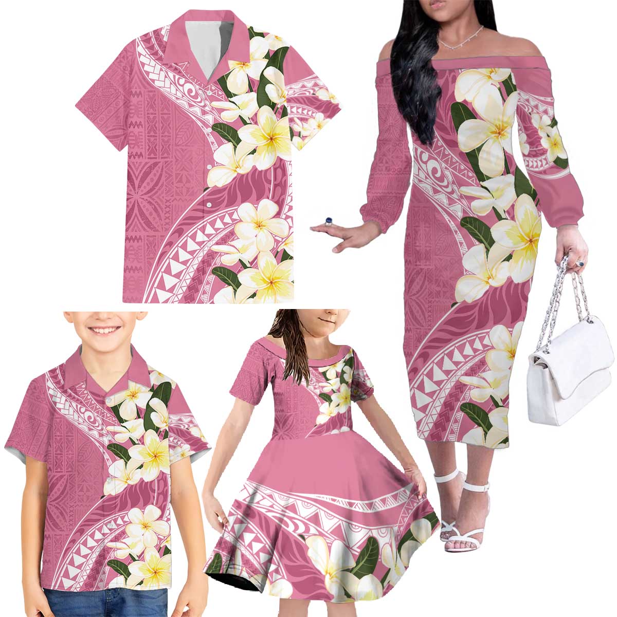 Aloha Hawaii Festive Family Matching Off The Shoulder Long Sleeve Dress and Hawaiian Shirt Frangipani Lace Classic - Rosy LT7 - Polynesian Pride