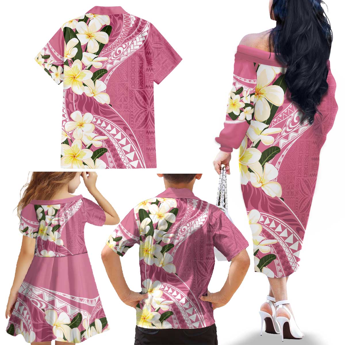 Aloha Hawaii Festive Family Matching Off The Shoulder Long Sleeve Dress and Hawaiian Shirt Frangipani Lace Classic - Rosy LT7 - Polynesian Pride