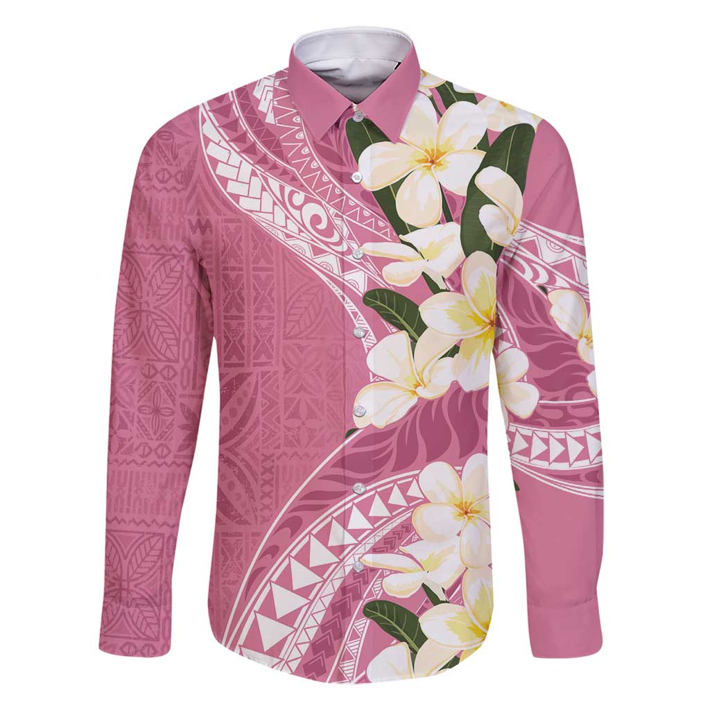 Aloha Hawaii Festive Family Matching Off Shoulder Maxi Dress and Hawaiian Shirt Frangipani Lace Classic - Rosy LT7 Dad's Shirt - Long Sleeve Pink - Polynesian Pride