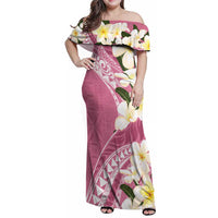 Aloha Hawaii Festive Family Matching Off Shoulder Maxi Dress and Hawaiian Shirt Frangipani Lace Classic - Rosy LT7 Mom's Dress Pink - Polynesian Pride