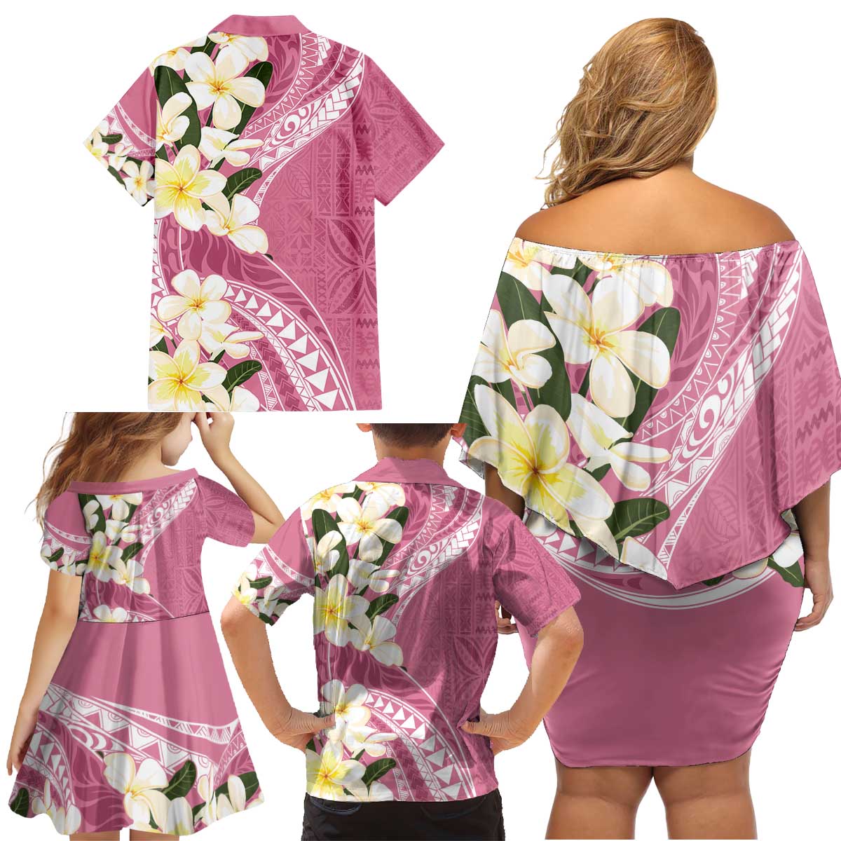 Aloha Hawaii Festive Family Matching Off Shoulder Short Dress and Hawaiian Shirt Frangipani Lace Classic - Rosy LT7 - Polynesian Pride