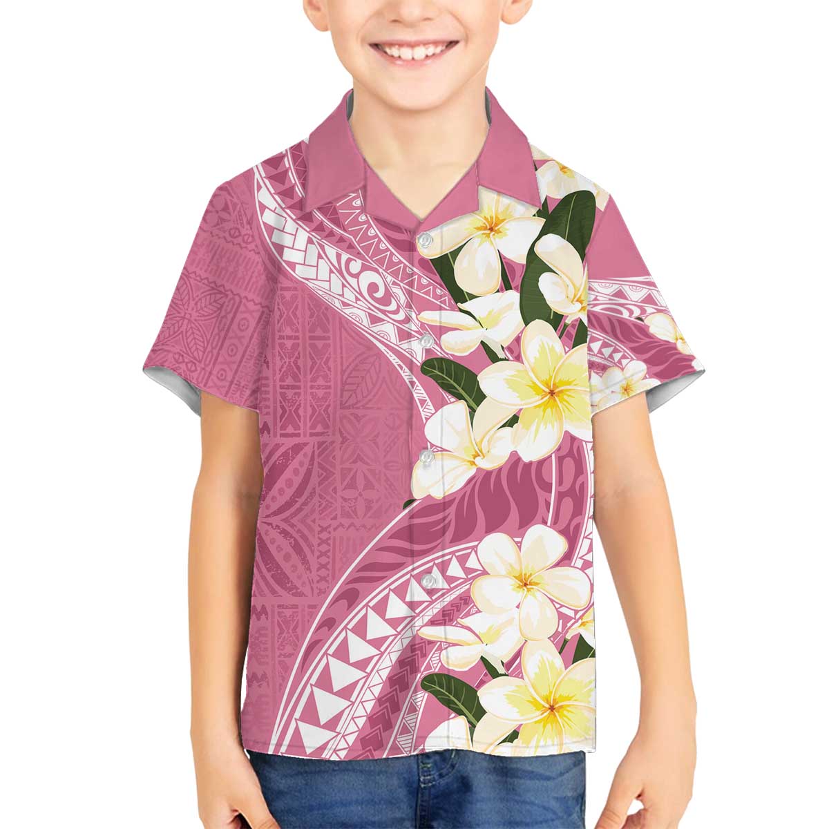 Aloha Hawaii Festive Family Matching Puletasi and Hawaiian Shirt Frangipani Lace Classic - Rosy LT7 Son's Shirt Pink - Polynesian Pride