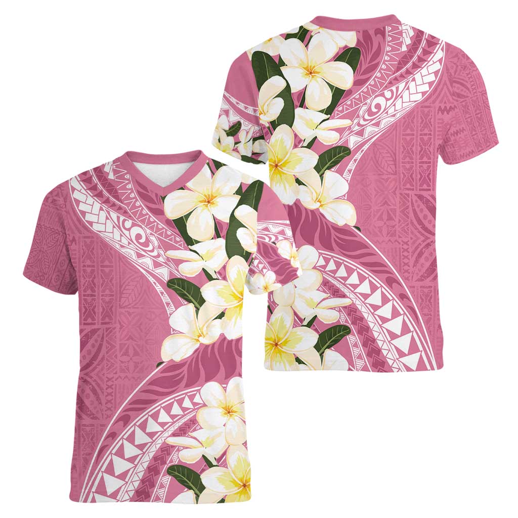 Aloha Hawaii Festive Women V-Neck T-Shirt Frangipani Lace Classic - Rosy