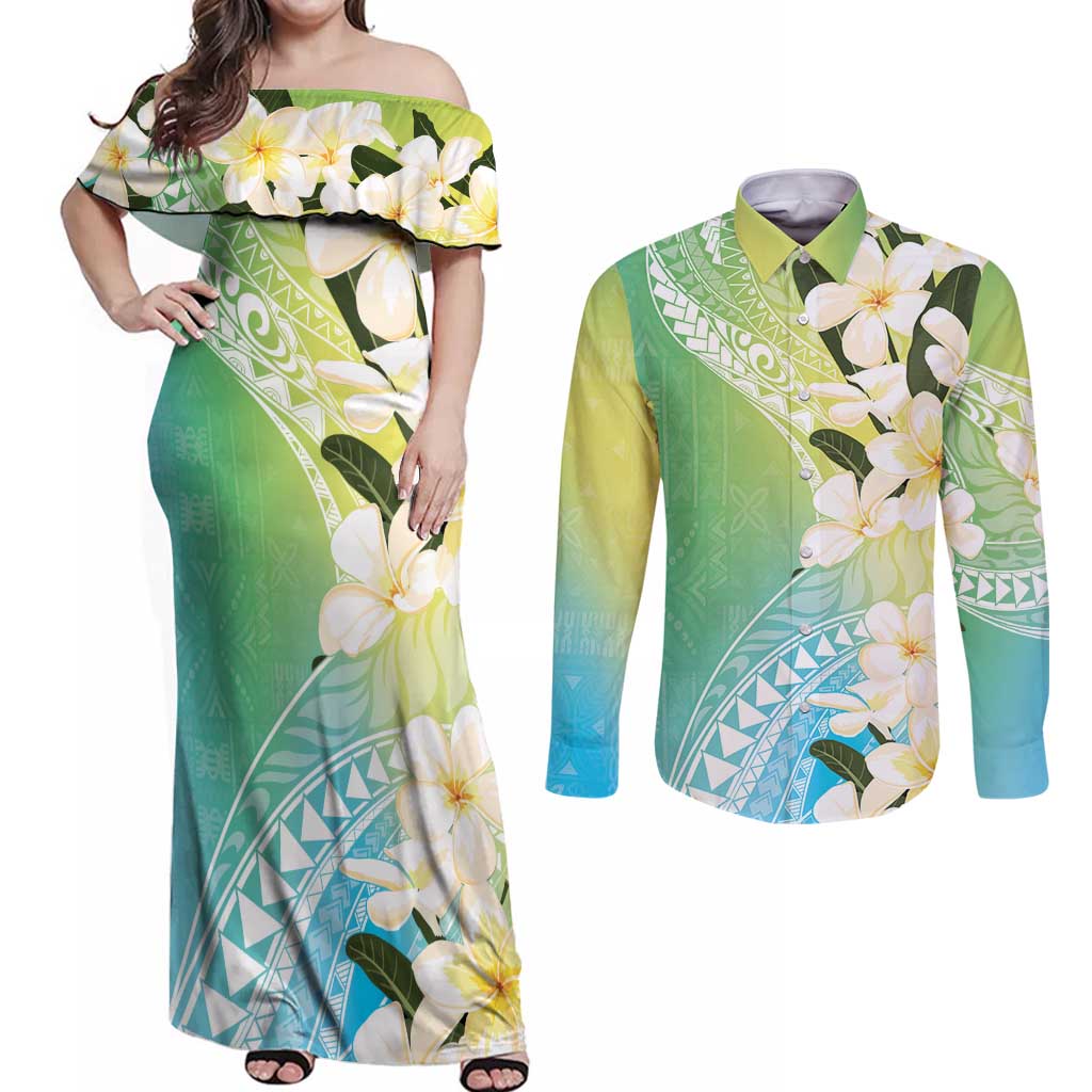 Aloha Hawaii Festive Couples Matching Off Shoulder Maxi Dress and Long Sleeve Button Shirt Frangipani Lace Classic - Summer Vibes