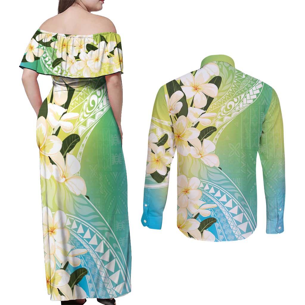 Aloha Hawaii Festive Couples Matching Off Shoulder Maxi Dress and Long Sleeve Button Shirt Frangipani Lace Classic - Summer Vibes