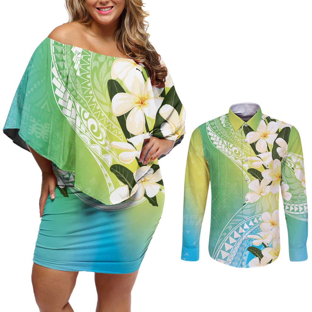 Aloha Hawaii Festive Couples Matching Off Shoulder Short Dress and Long Sleeve Button Shirt Frangipani Lace Classic - Summer Vibes